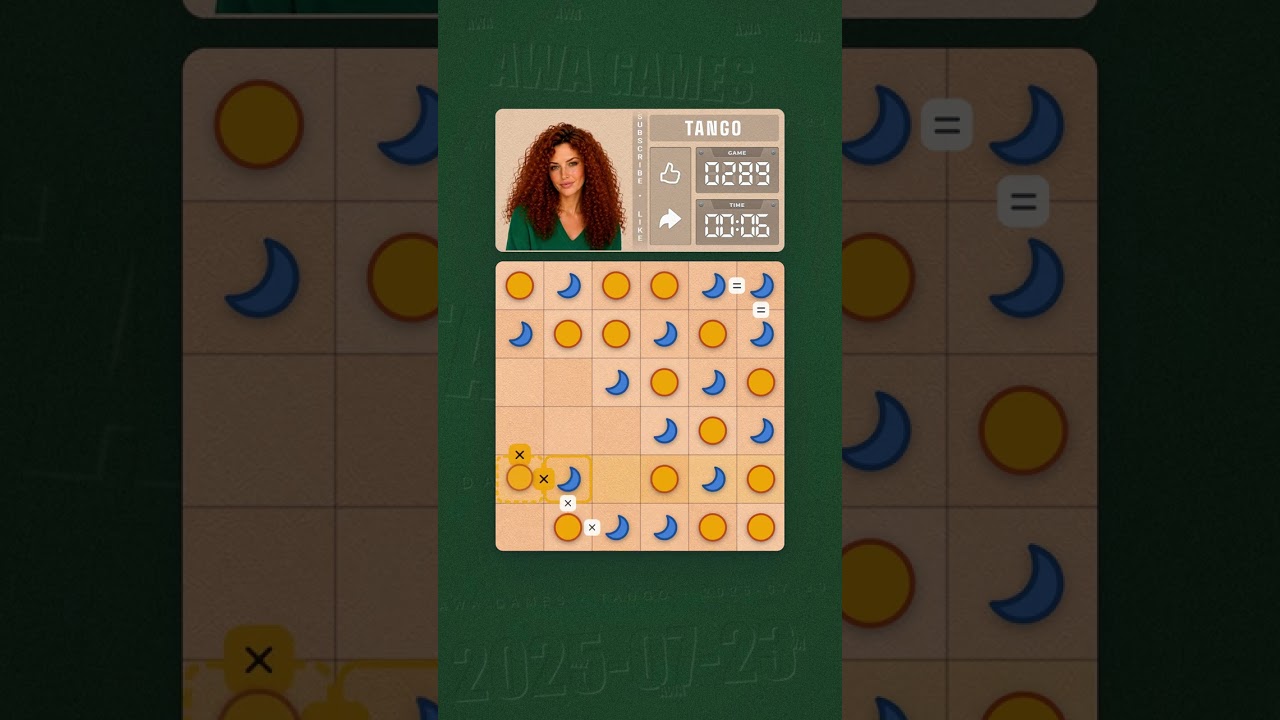 LinkedIn Tango #289 solved board for July 23, 2025, 6x6 grid