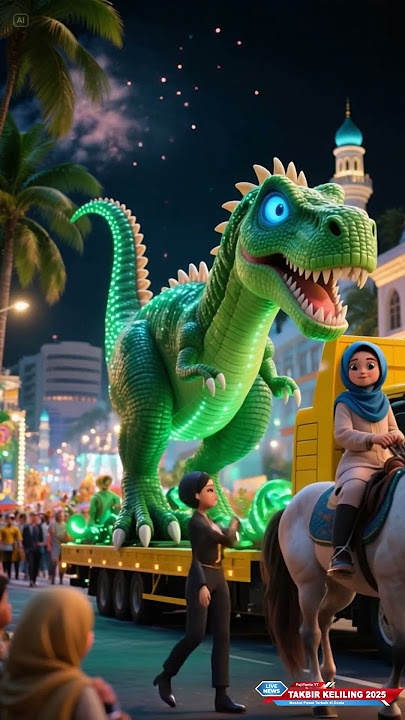 green dinosaur and horse takbir keliling Idul Fitri 2025 #takbiran #idulfitri #dinosaur #fyp
