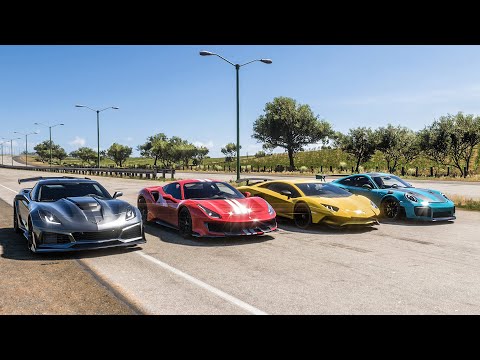 Forza Horizon 5 Drag race: Aventador SV vs Ferrari 488 Pista vs Corvette ZR1 vs Porsche 911 GT2 RS