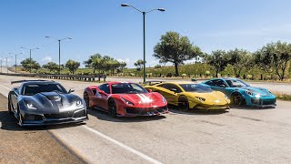 Forza Horizon 5 Drag race: Aventador SV vs Ferrari 488 Pista vs Corvette ZR1 vs Porsche 911 GT2 RS