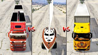 GTA 5 MERCEDES TRUCK vs DOUBLE DECKER TRUCK vs MONSTER BOAT - WHICH IS BEST?