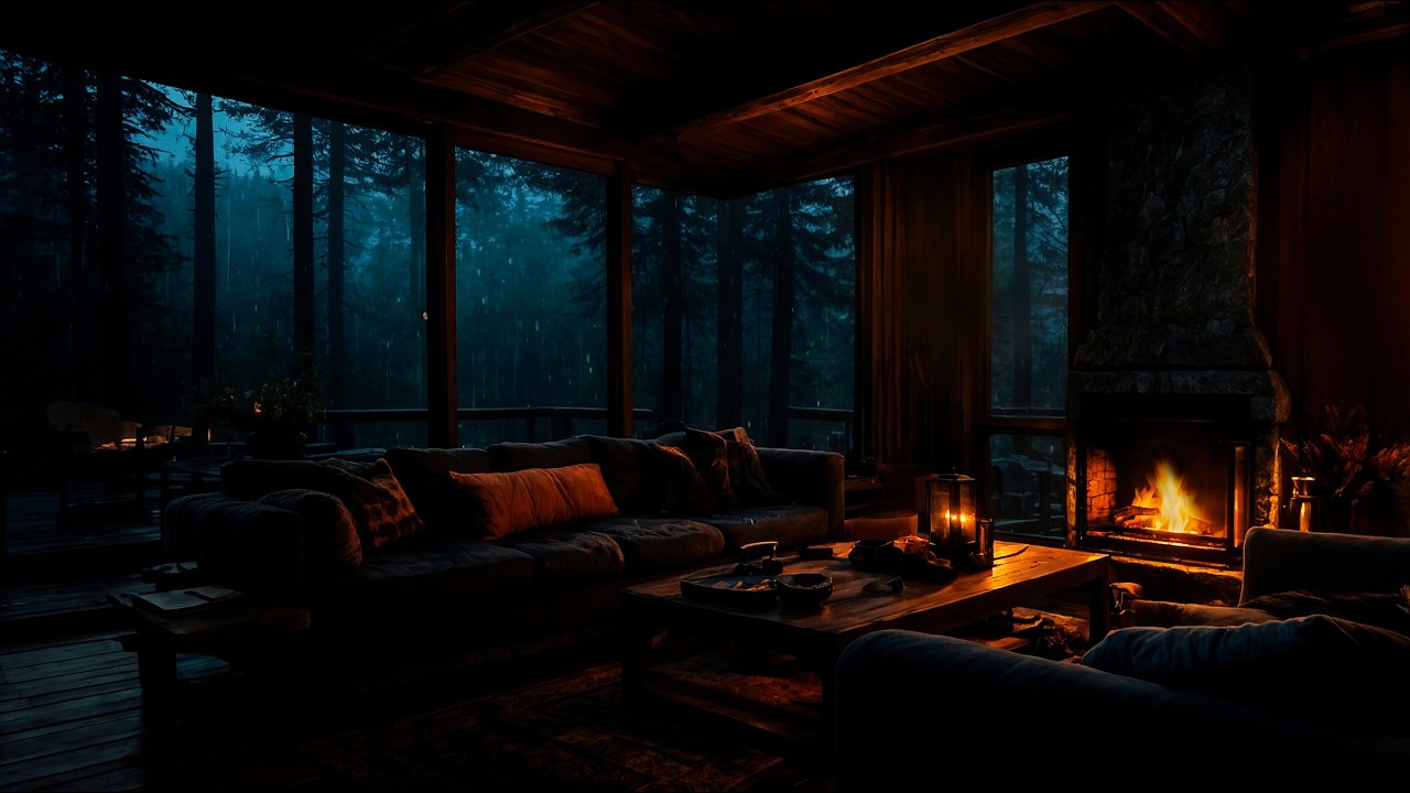 12 Hours Rainy Forest Cabin at Night 🌧🔥 Fireplace & Calm Rain Sounds for Sleep | Cozy Cabin Series