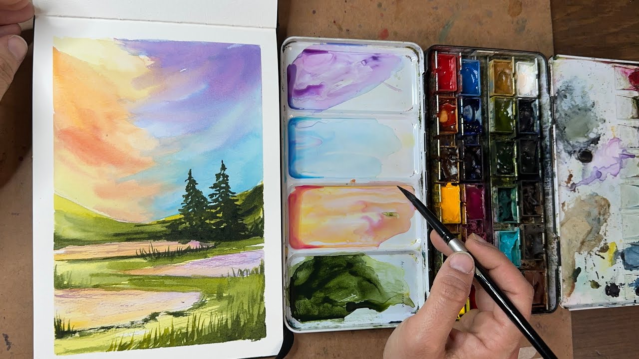 Watercolor Journal Day 83 (Pastel SKy Landscape)