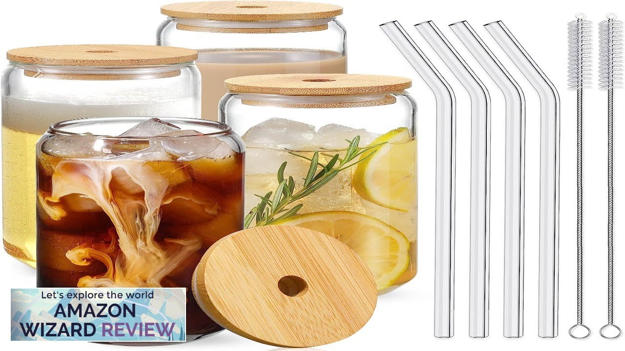 Drinking Glasses with Bamboo Lids and Glass Straw 4pcs Set 16oz ...
