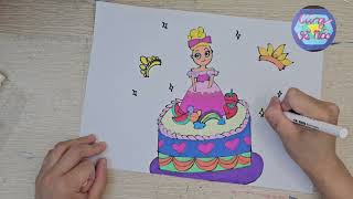 Vẽ và tô màu bánh sinh nhật hình công chúa