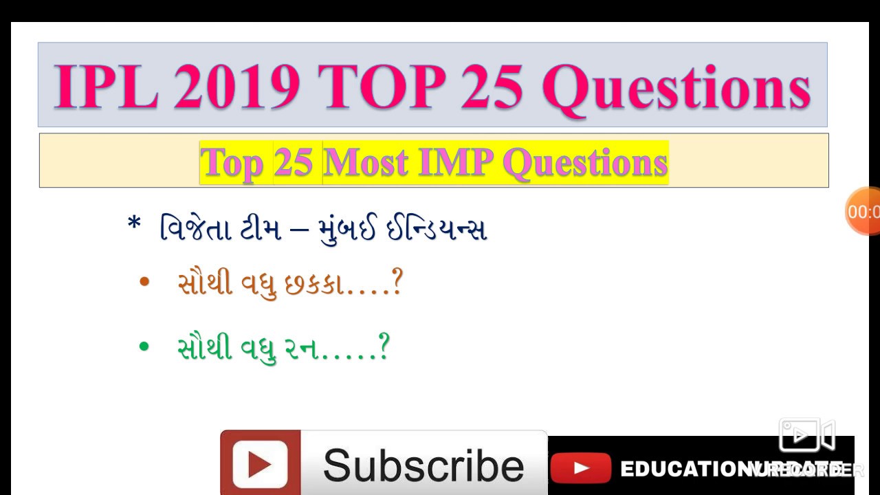 IPL 2019 Top 25 Questions || IPL 2019 Questions || Most IMP Questions for IPL 2019