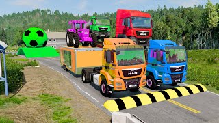 Double Flatbed Trailer Truck vs Speedbumps | Train vs Cars | Tractor vs Train | BeamNG.Drive #75