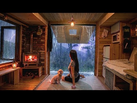 ☔️ Camping in Heavy Rain with My Dog. Wood Stove Truck Cabin. Sound or Rain ASMR