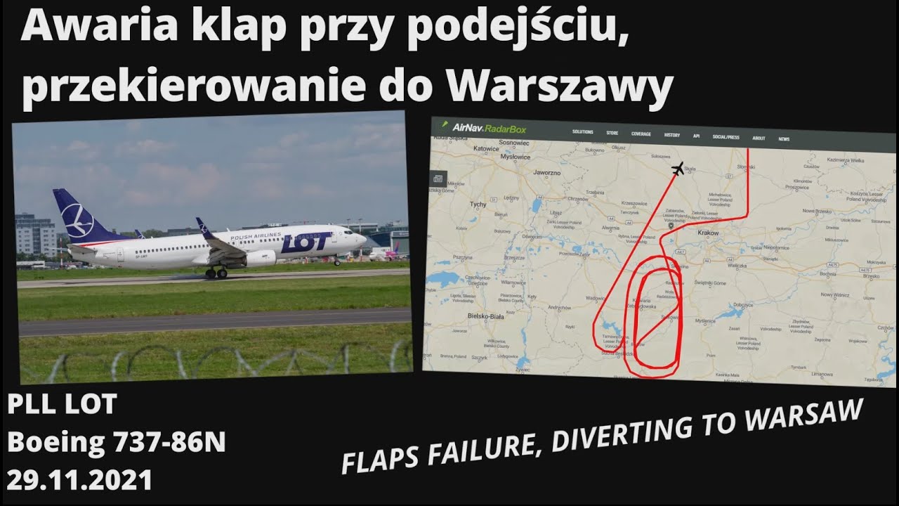 PLL LOT 737-800 Awaria klap przy podejściu, przekierowanie do Warszawy, FLAPS FAILURE ON APPROACH