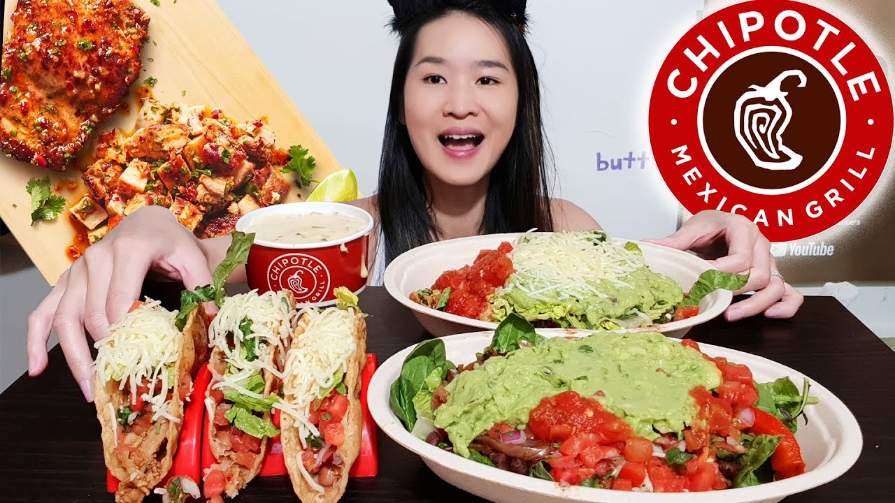 Chipotle *NEW* Pollo Asado! Burrito Bowls & Crunchy Tacos - Mexican Food Mukbang Eating w/ Asmr