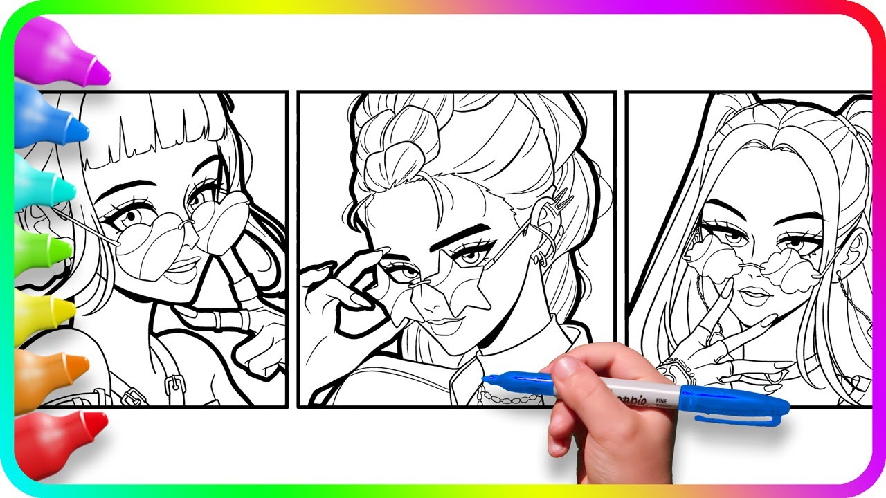 Satisfying Coloring - Zoey, Rumi and Mira / KPop Demon Hunters FanArt Coloring Pages