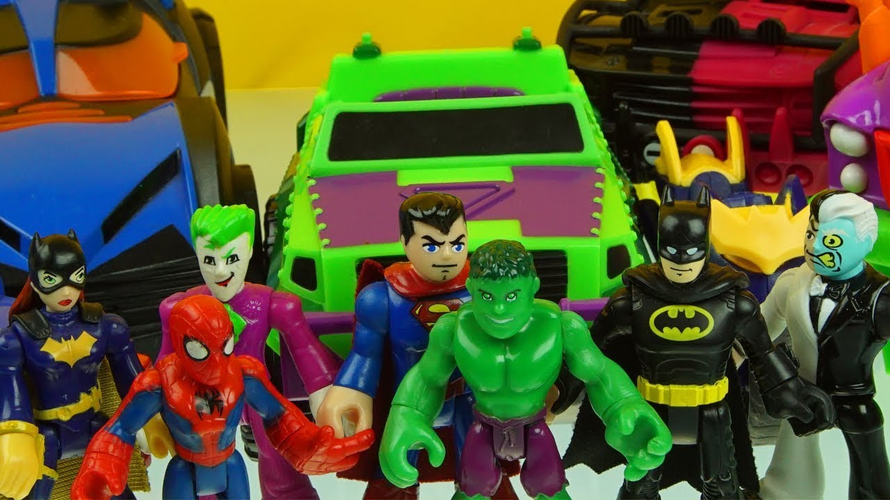 SUPERMAN HULK SPIDERMAN BATMAN who has the coolest vehicle imaginext playing with toys