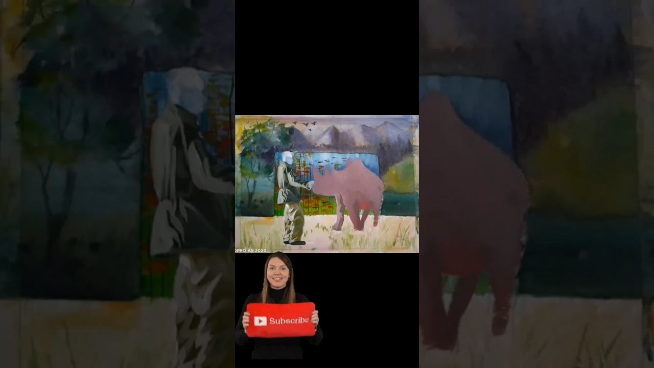 Draw - sea/ landscape/ south african black man caressing rhinoceros/ watercolor and, poster colour🙂