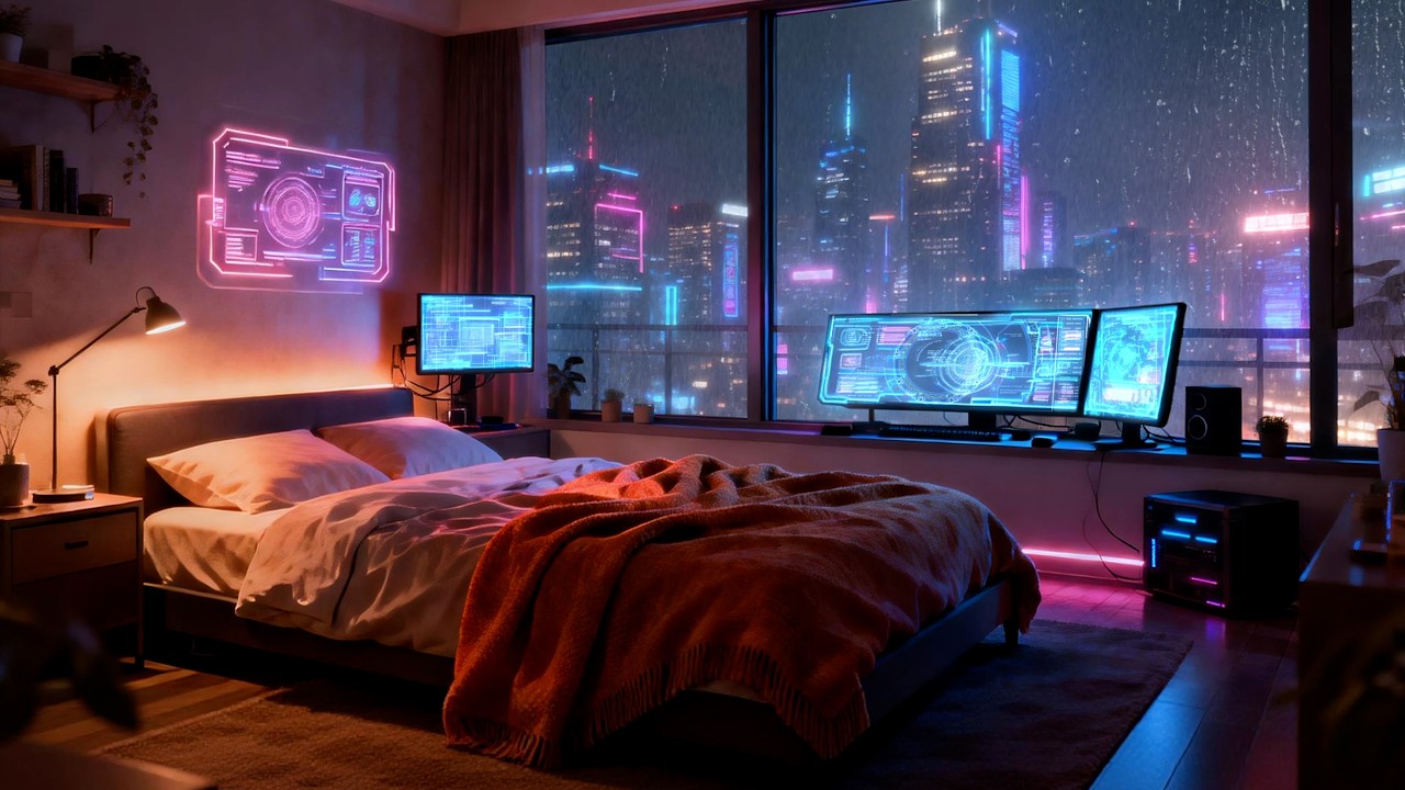 Cyberpunk Rain Bedroom 🎧 Calm Rain & Chill Lofi Beats for Late Night Relaxing ☔ Playlist Rainy Lofi