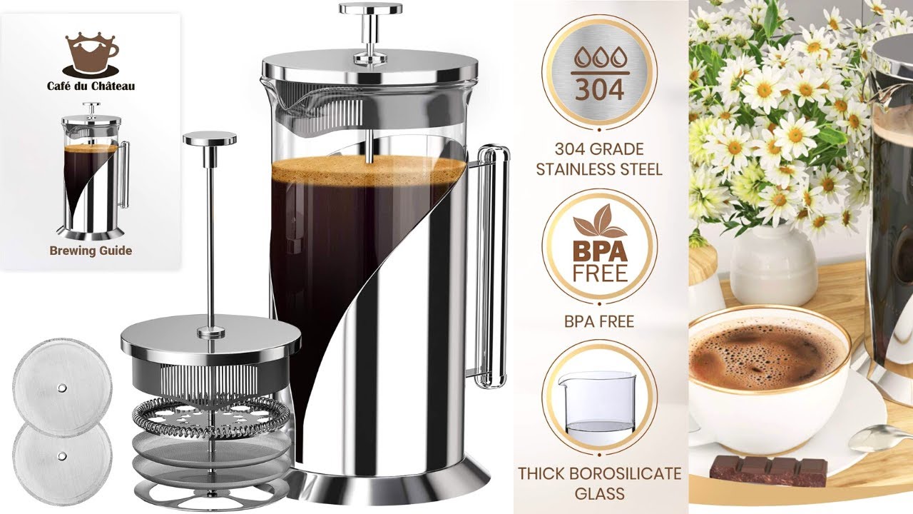 Cafe Du Chateau French Press Coffee Maker, Brews Coffee and Tea, Heat  Resistant Glass with 4 Level Filtration System, Stainless Steel Housing,  Large