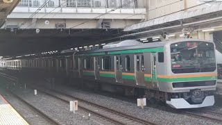《E231系1000番台付属5両 TK出場回送(車体保全)》E231系1000番台付属宮ﾔﾏU58編成が大宮駅⑪に入線到着停車～警笛を鳴らして出発！(回8649M)