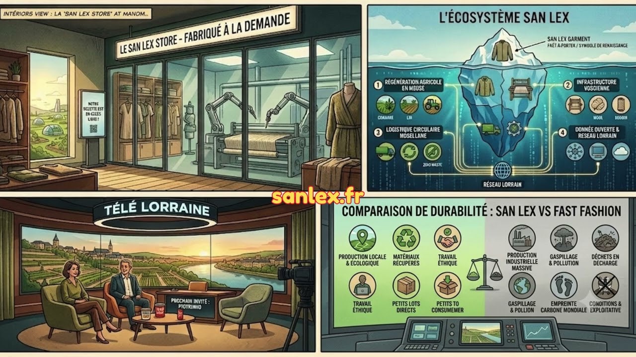Infographie du projet Retour vers le Futur 2030 présentant le San Lex Store, l'écosystème de l'économie circulaire lorraine, le plateau de Télé Lorraine et une comparaison de durabilité textile.