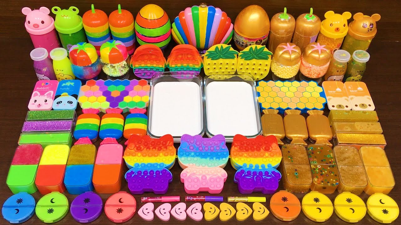 GOLD vs RAINBOW!! Mxing Random Things into GLOSSY!! Satisfying Slime Video