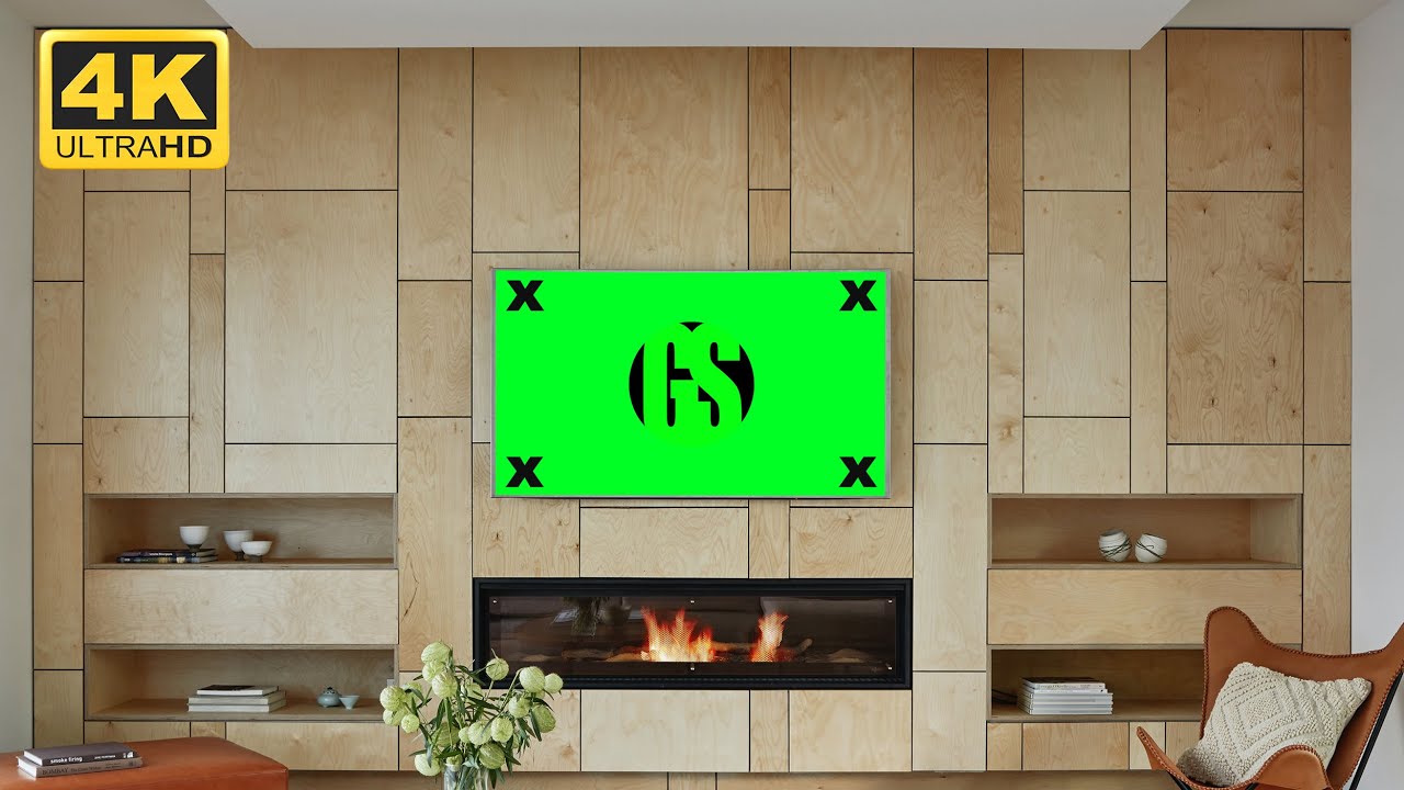 Modern Living Room TV By Wood Wall Free Green Screen 4K (Download