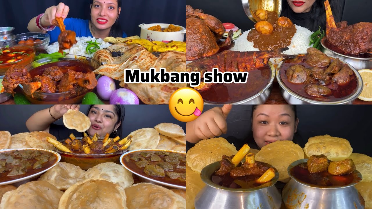 Eating Spicy Chicken curry with rice 🥵😋🔥🔥, Mutton Leg Curry with Luchi/puri, spicy Liver Curry asmr