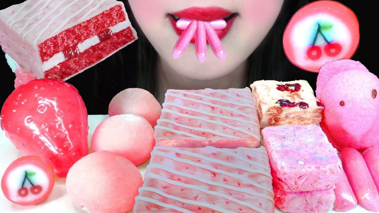 ASMR PINK FOOD | MUKBANG EATING SOUND , JELLY, PEEPS MARSHMALLOW, CANDY, CAKE,MOCHI NO TALKING