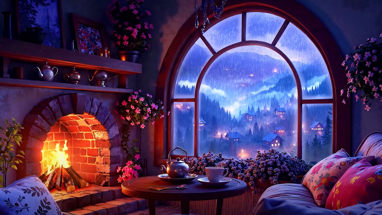 Cozy Cottage Ambience 🌧️ Spring Rain, Fireplace & Thunderstorm Sounds for Deep Sleep