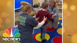 7-year-old boy with cerebral palsy takes some of his first steps in front of kindergarten class