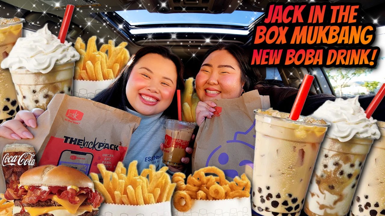 Jack in the Box НОВЫЙ BOBA + Острый куриный сэндвич + Картофель фри в форме спирали Мукбанг 먹방 Ea...