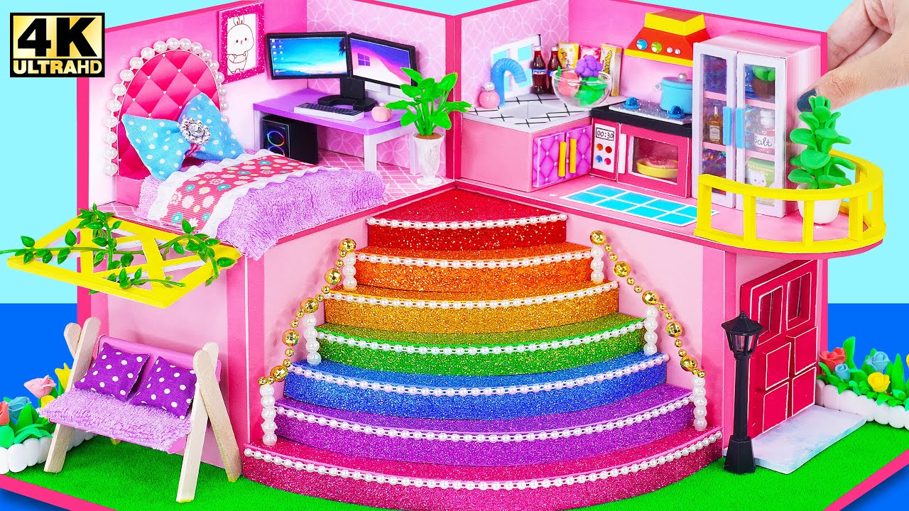 (Простой) Как построить мини-розовый особняк с гигантской картонной радужной лестницей ❤️