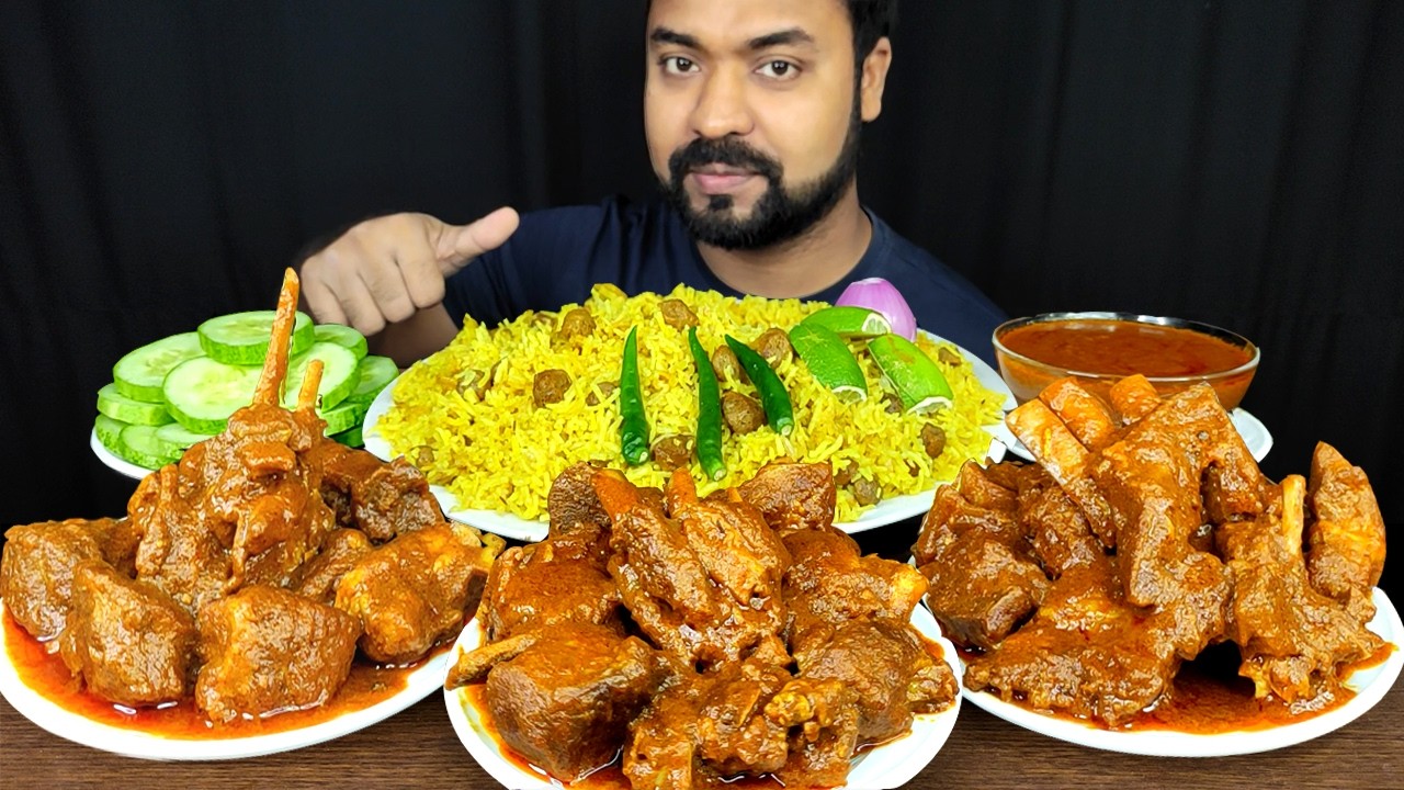 SOYA PULAO, SPICY MUTTON CURRY, LEMON, ONION, SALAD, GRAVY MUKBANG ASMR EATING SHOW | BIG BITES |