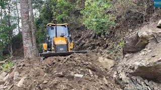: Removing Boulders to Widen Riverside Narrow Mountain Road-JCB Backhoe