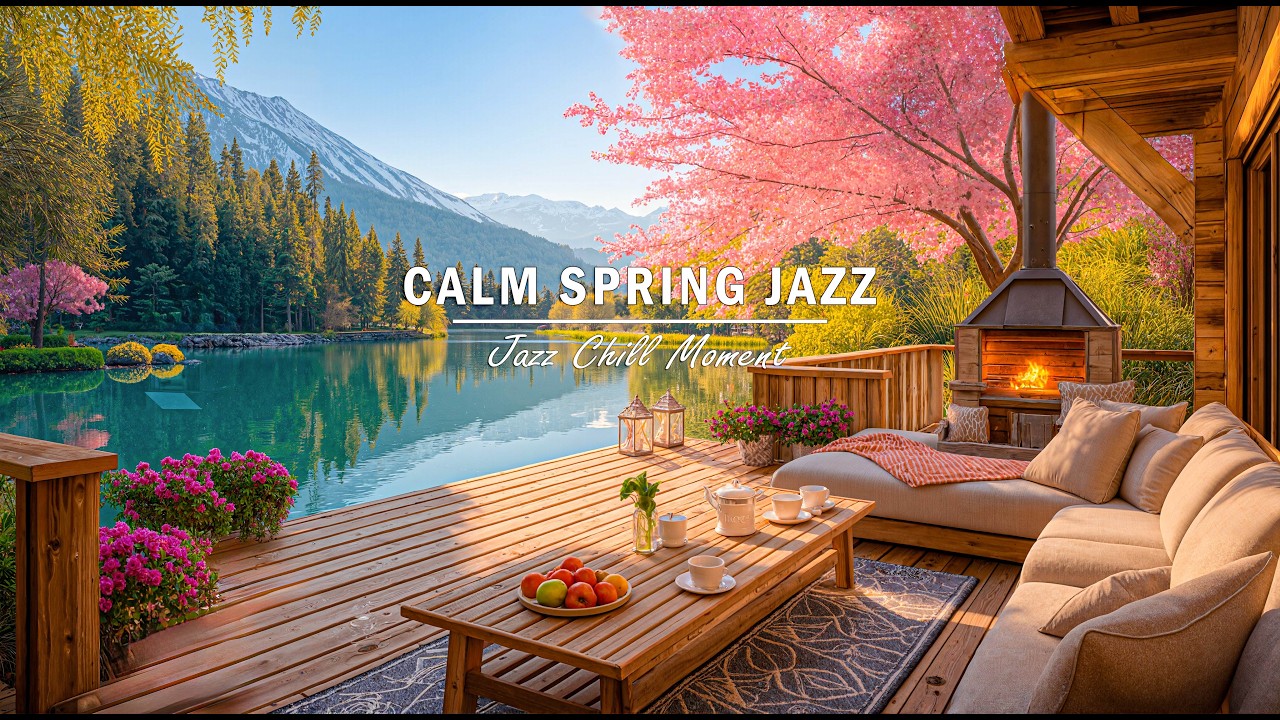 Spring Lakeside Fireplace Jazz 🌸 Smooth Background Music at Cozy Outdoor Café Ambience