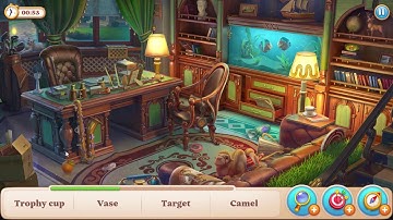 Manor Matters hidden objects #28 in the Study:Target, Donut,Graduation cap,Trophy cup,Vase,Camel,Dog