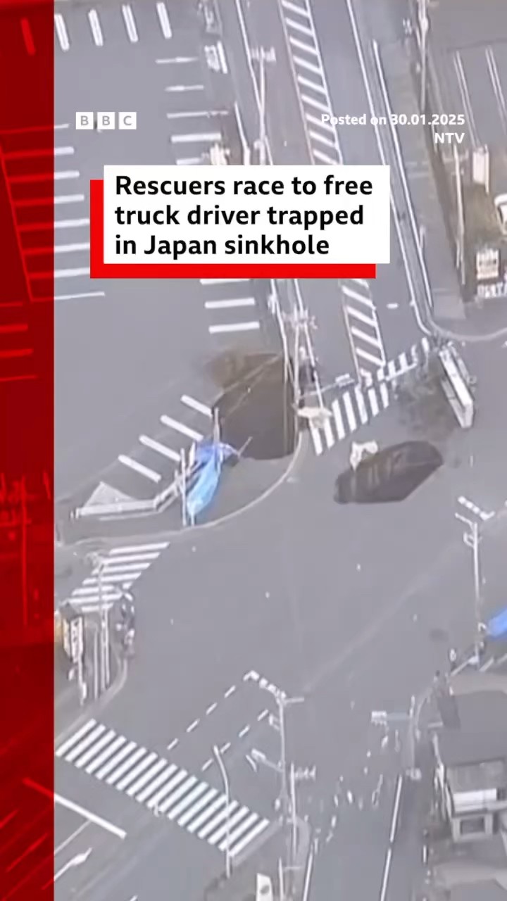 Rescuers in Japan race to free truck driver trapped in sinkhole. #Yashio #Sinkhole #BBCNews