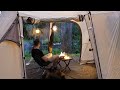 Gloomy solo camping in rain and thunder  relaxing in a cosy shelter by the creek storm asmr 