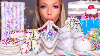 ASMR *BIRTHDAY CAKE* MOCHI ICE CREAM, EDIBLE DIAMONDS, MACARONS, JELLY CAKE JELLY NOODLES MUKBANG 먹방