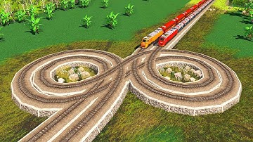 4 TRAINS CROSSING ON DOUBLE CIRCLE BUMPY FORKED DIAMOND RAILROAD CROSSING #82 |Trainz Simulator 2022