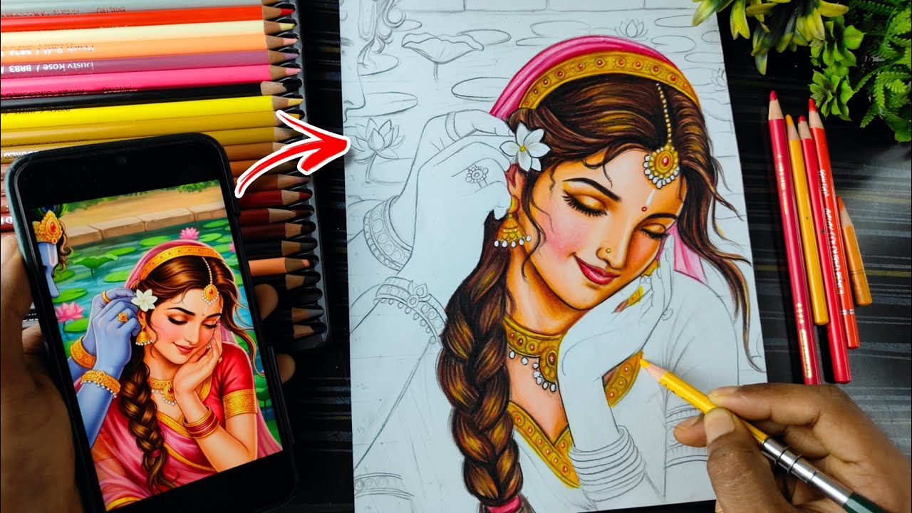 Radha rani drawing Colour Pencil, Radha Ashtami Special RadhaKrishna Drawing, Step By Step