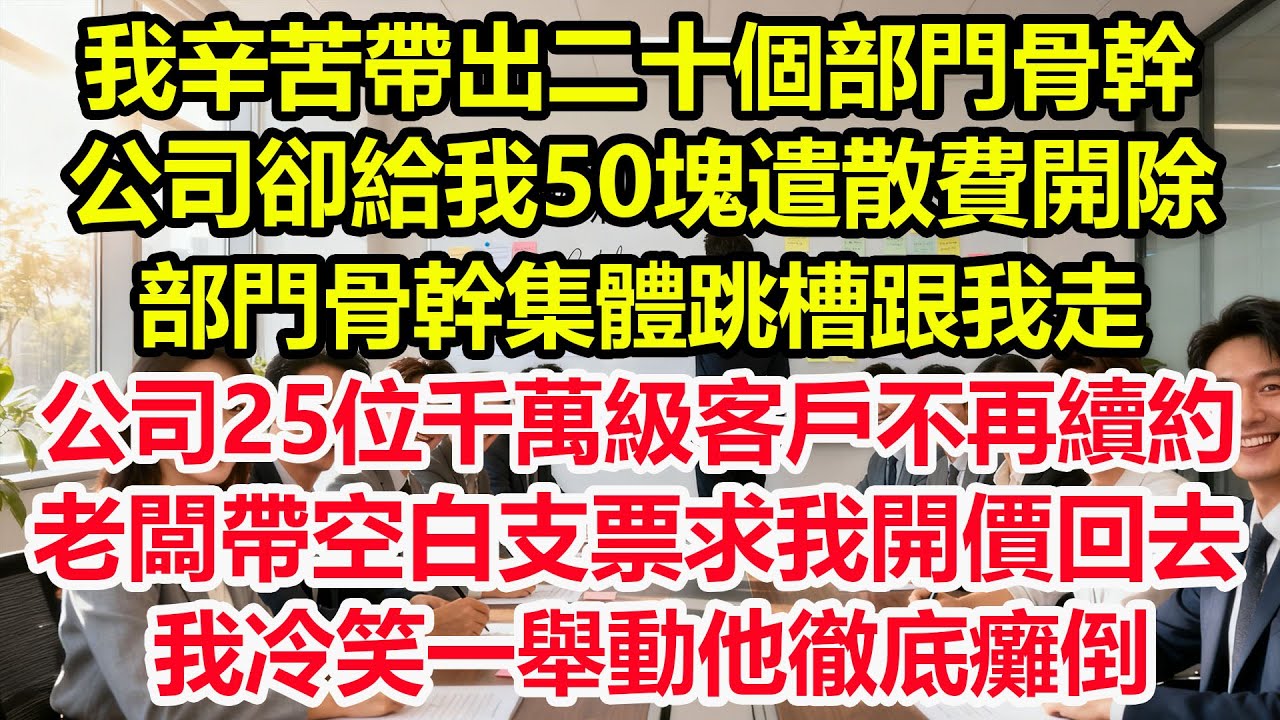我辛苦帶出二十個部門骨幹，公司卻給我50塊遣散費開除。部門骨幹集體跳槽跟我走，公司25位千萬級客戶不再續約，老闆帶空白支票求我開價回去時，我冷笑一舉動他徹底癱倒#情感 #爽文 #職場 #生活 #總裁