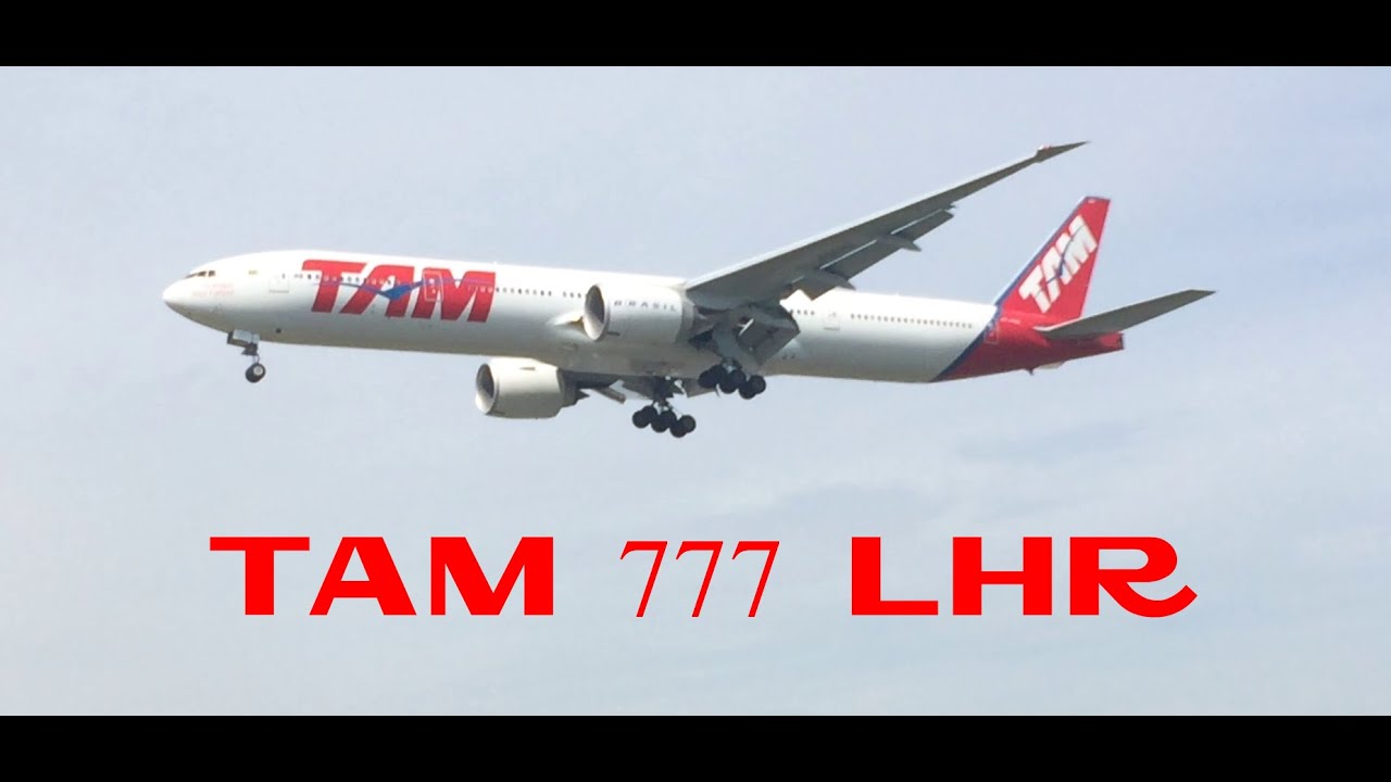 HD TAM airlines Boeing 777-300ER landing at London Heathrow LHR from Sao Paulo JJ8084.