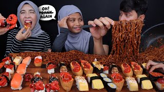 AQISH PRANK SAMYANG HITAM [BUKAN GHOST PEPPER] + Japanese SUSHI OCTOPUS CHUKA IDAKO, RAW SALMON ASMR