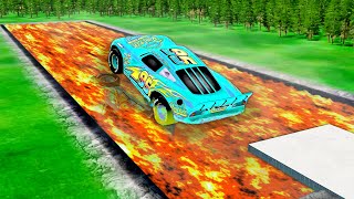 Which Car GLIDE Better on Lava POOL ?! Lightning McQueen And PIXAR CARS Battle in BeamNG. Drive!