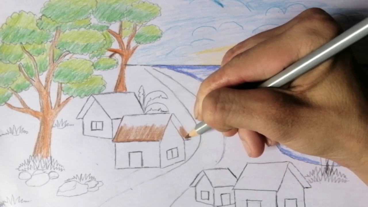 Cách vẽ tranh phong cảnh bằng bút chì màu | How to draw landscapes with  crayons | - YouTube