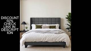 HOOMIC Wingback Bed Frame with Square Stitched Headboard,Fabric Upholstered Platform Bed, Strong Woo