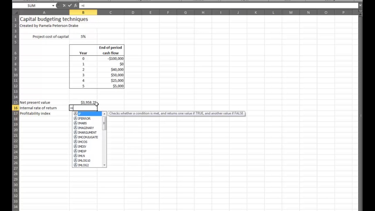 capital budgeting techniques in excel youtube
