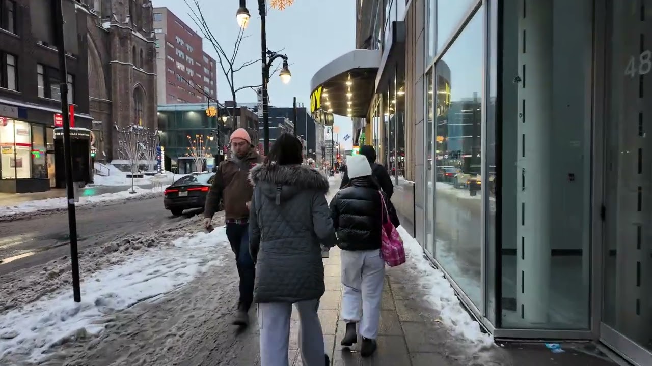 Montreal Snowy Night Walk 4K | Downtown Quebec Winter Streets in Real Time