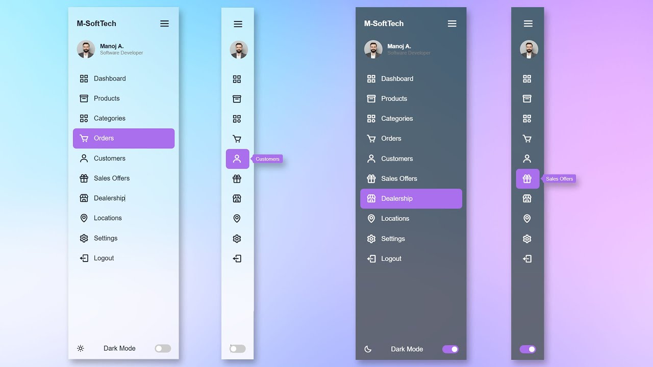 Responsive Sidebar Menu in HTML CSS & JavaScript | Dark/Light Mode ...