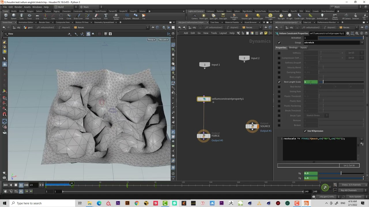224 Vellum Fundamentals in Houdini Rest Length scale in stretch  P5