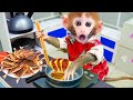 Monkey baby Bi Bon obedient helps dad with housework and fried fish | Animals Home &amp; Animal HT