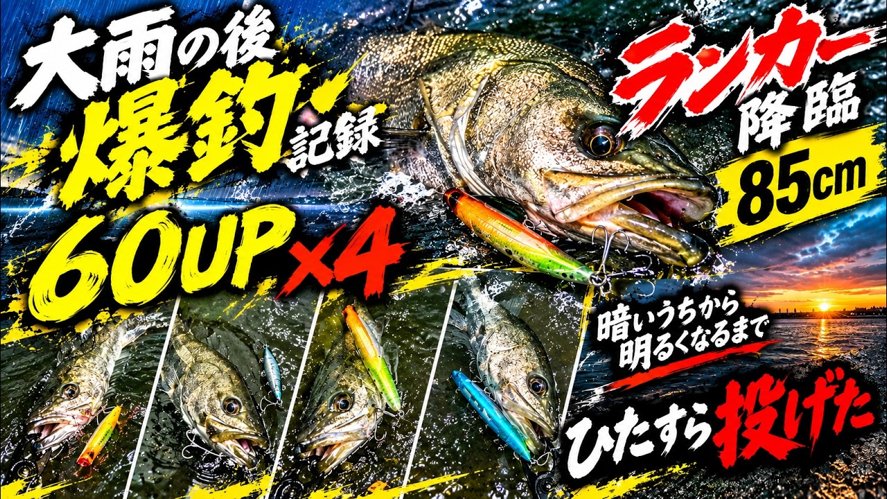 【85cm降臨】大雨後の川が完全覚醒！60UP×4本の爆釣劇【シーバス】